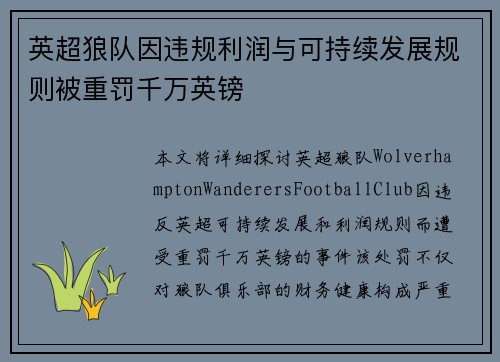 英超狼队因违规利润与可持续发展规则被重罚千万英镑